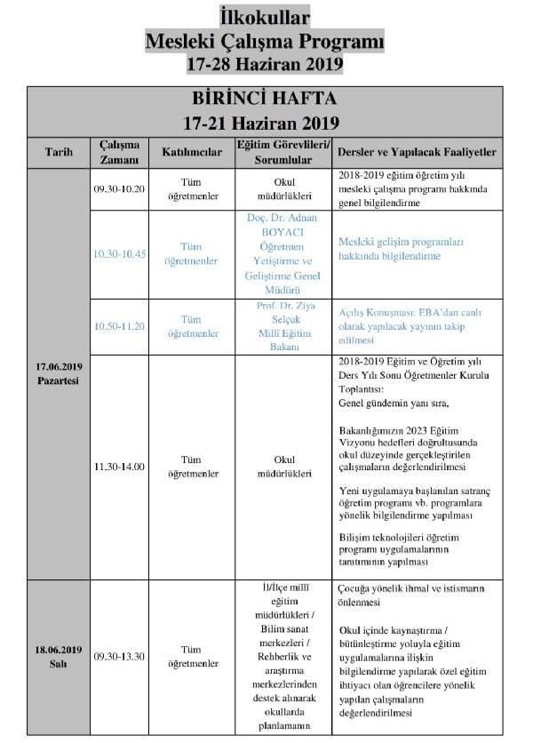 Ogretmenlerin 2019 Haziran Mesleki Calisma Programi